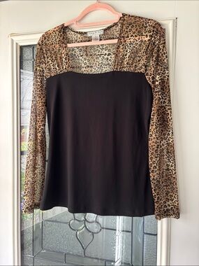 Vintage Suzie Black Top with Leopard-Print Yoke and Sleeves
